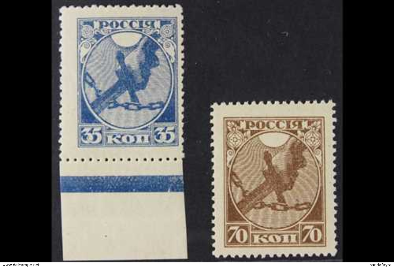 1918  35k Blue & 70k Brown 'Cutting The Fetters' Both WITHOUT VARNISH LINES Varieties (Michel 149z/50z, SG 187a/88a), Ve - Andere & Zonder Classificatie