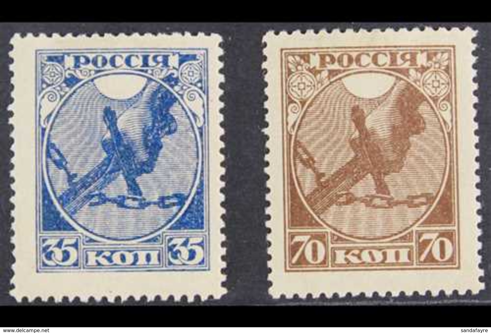 1918  35k Blue & 70k Brown 'Cutting The Fetters' Both With VARNISH LINES ON BOTH SIDES Varieties, Michel 149/50 G, Very  - Andere & Zonder Classificatie