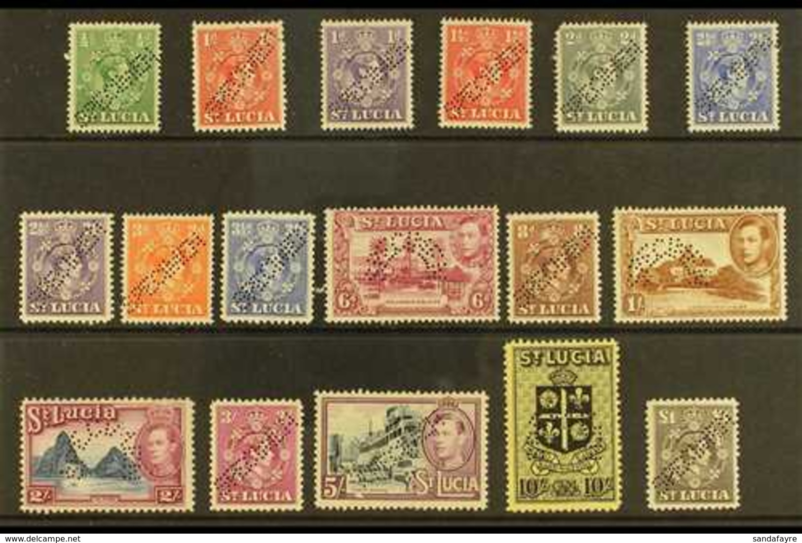 SPECIMENS  1938-48 KGVI Pictorial Defins, Complete Set Perfin "SPECIMEN," SG 128s/41s, 2d & 2s With Faults, Mint (17 Sta - St.Lucia (...-1978)