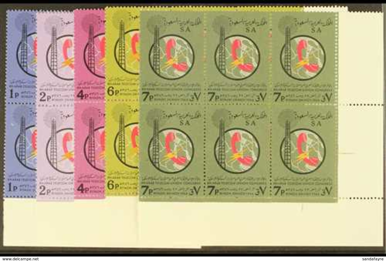 1966  8th Arab Telecoms Conf Set, SG 655/9, In Superb Never Hinged Mint Corner Blocks Of 6. (5 Blocks) For More Images,  - Arabie Saoudite