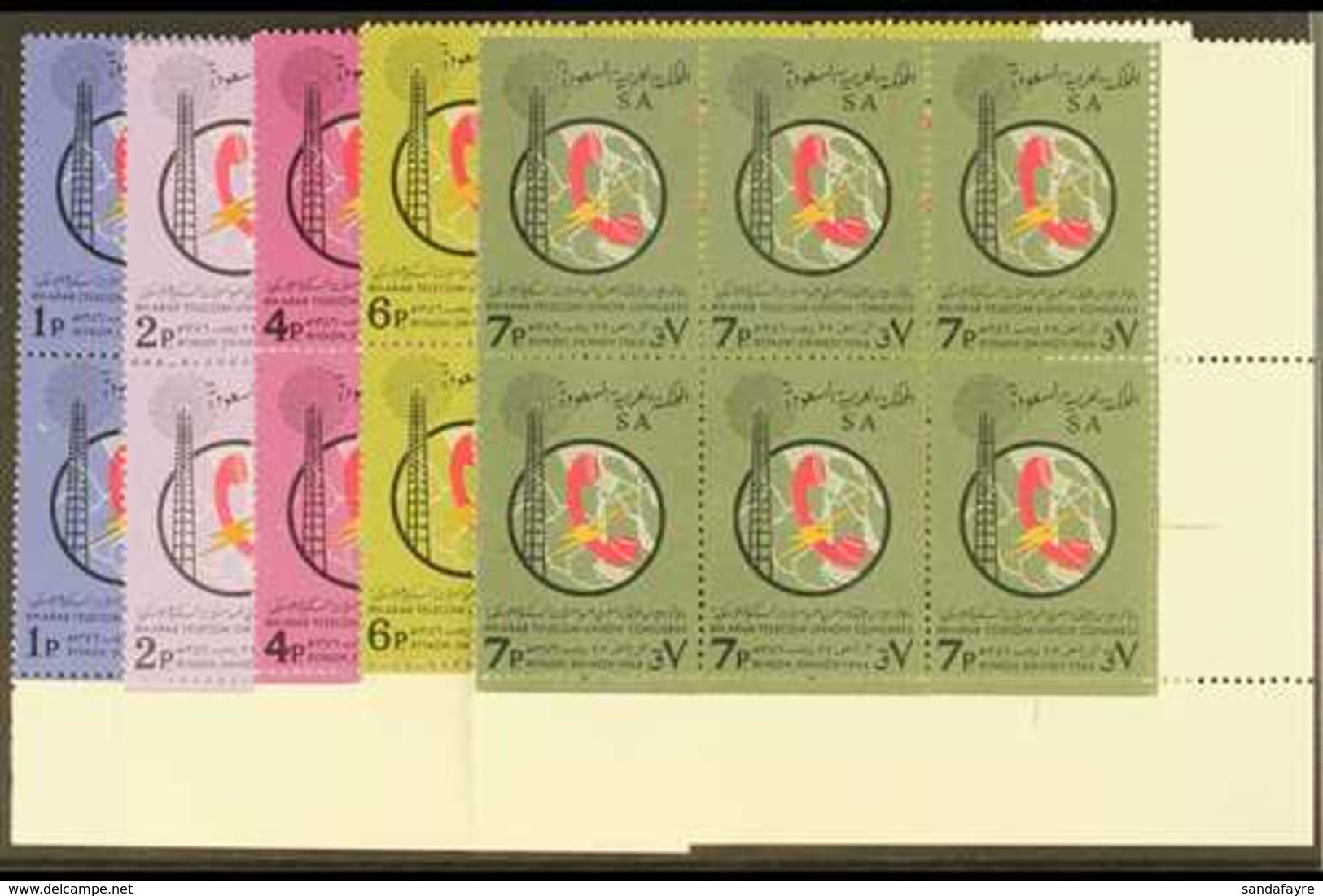 1966  8th Arab Telecoms Conf Set, SG 655/9, In Superb Never Hinged Mint Corner Blocks Of 6. (5 Blocks) For More Images,  - Saoedi-Arabië