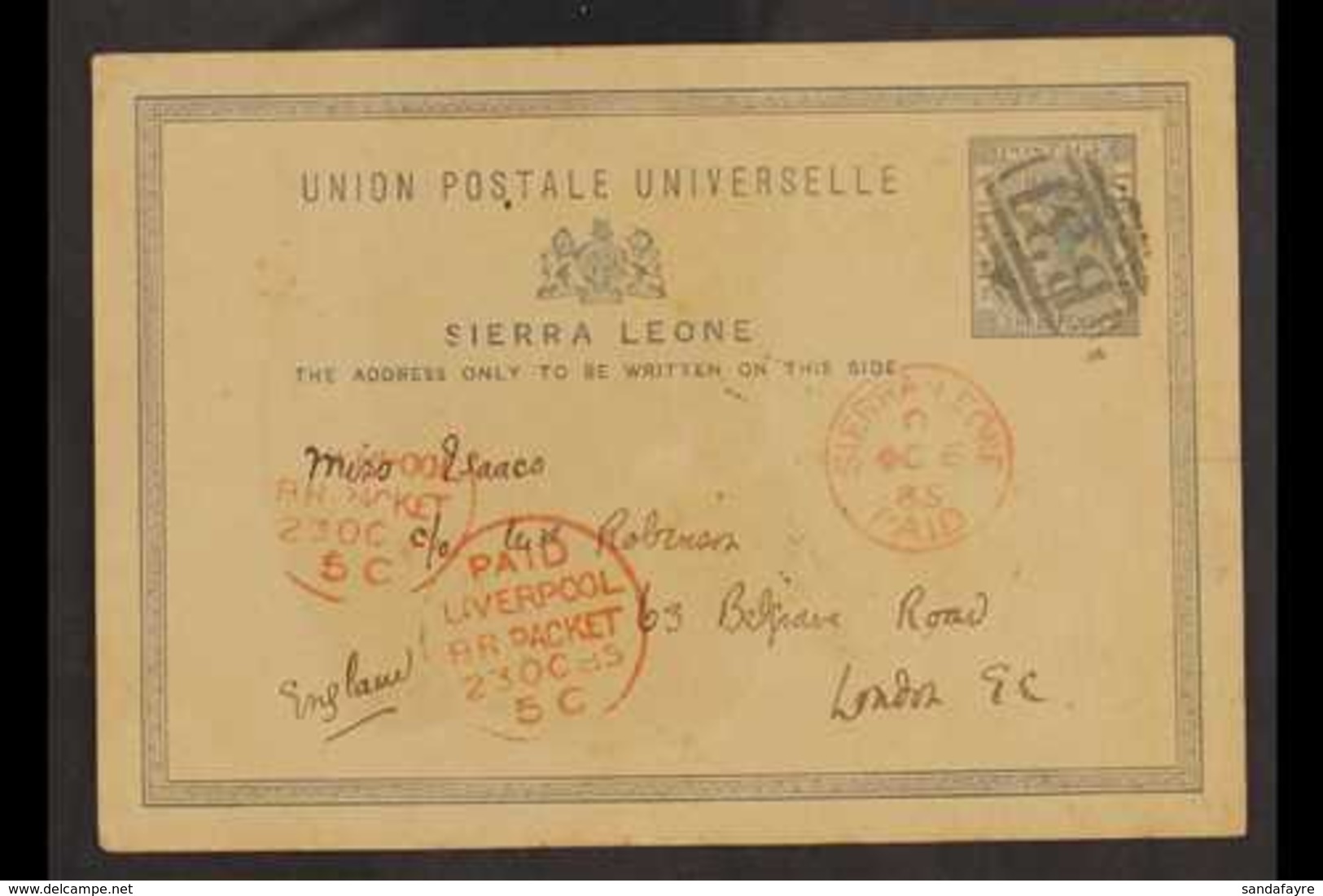 1885  (Oct 6th) 1½d Stationery Postcard, Commercially Used to London, "B31" Cancel & "Sierra Leone / Paid" C.d.s. Alongs - Sierra Leone (...-1960)