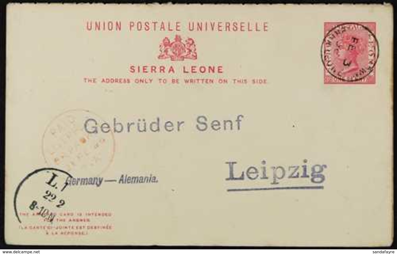 1896  1d+1d Carmine Complete Reply Postcard Addressed To Germany, Cancelled By "Freetown" Cds, Plus Red "Paid Liverpool  - Sierra Leone (...-1960)