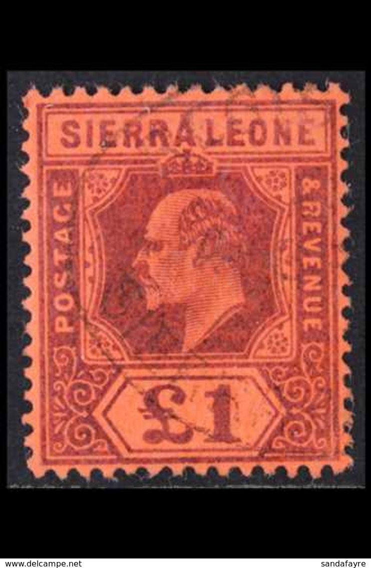 1903  £1 Purple On Red, Wmk CA, Ed VII, SG 85, Superb Used. For More Images, Please Visit Http://www.sandafayre.com/item - Sierra Leone (...-1960)