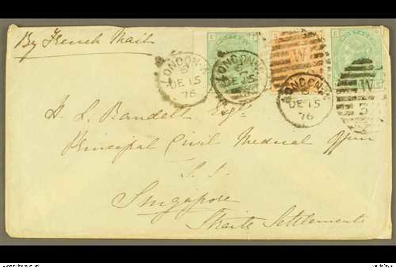 1876 INWARD COVER FROM LONDON  Addressed To The Principal Civil Medical Officer, Franked 1875 1s Green Plate 12 (x2), SG - Singapore (...-1959)