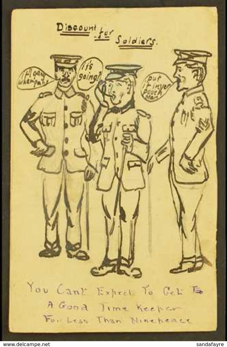 1918 HAND ILLUSTRATED POSTCARD  KGV ½d Stationery Postcard, Hand-drawn Illustration Of A Soldier Flanked By Two Sergeant - Non Classés