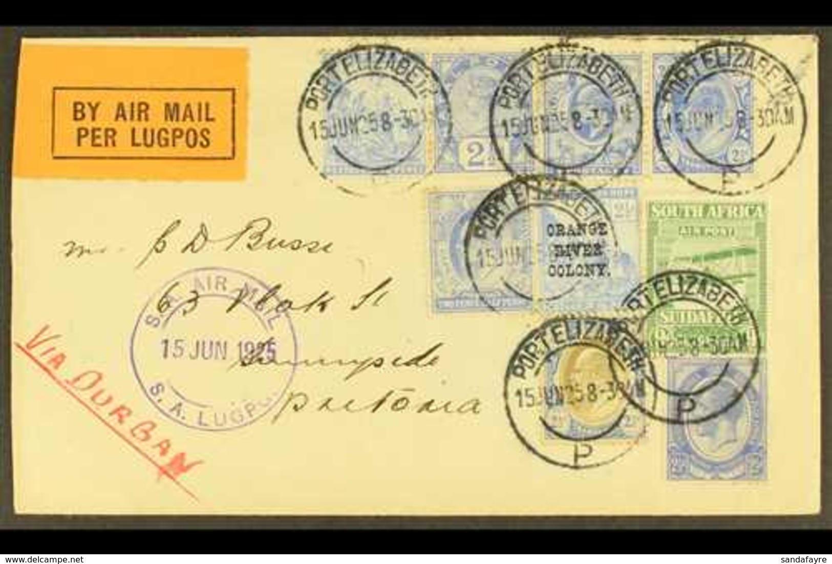 1925  (15 June) Port Elizabeth To Pretoria Attractive Flown Cover ("Via Durban") Bearing 9d Air (SG 29) Plus 2½d Stamps  - Zonder Classificatie