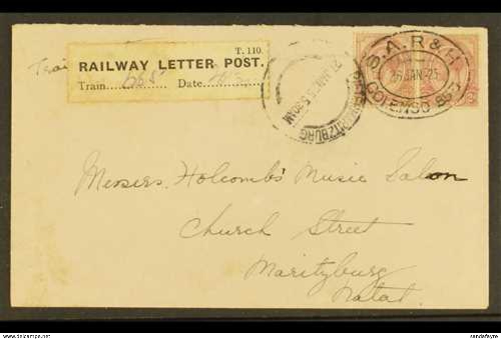 1925 RAILWAY LETTER POST COVER  2d KGV Pair On Cover, Cancelled With Oval "S.A.R. & H. COLENSO 853" 26.1.25 Postmark, "T - Zonder Classificatie