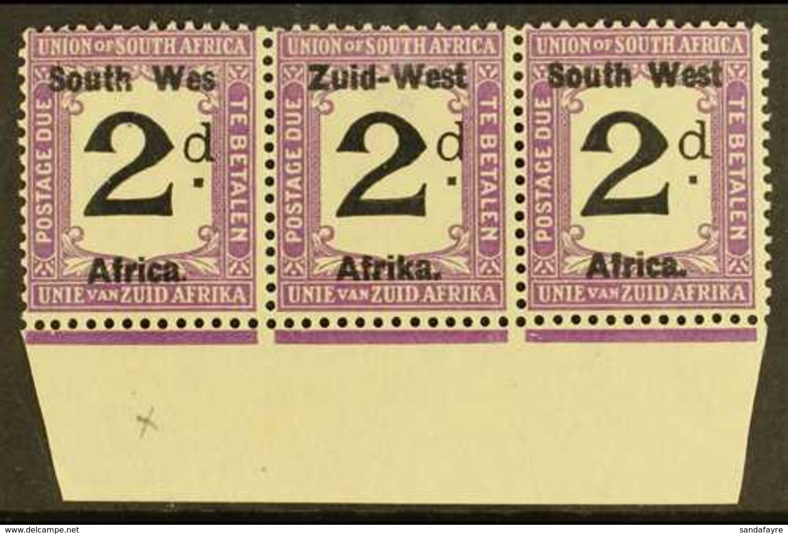 POSTAGE DUES  1923 2d Black And Violet, Marginal Strip Of 3, One Showing Variety "Wes For West", SG D3a, Very Fine NHM.  - Zuidwest-Afrika (1923-1990)