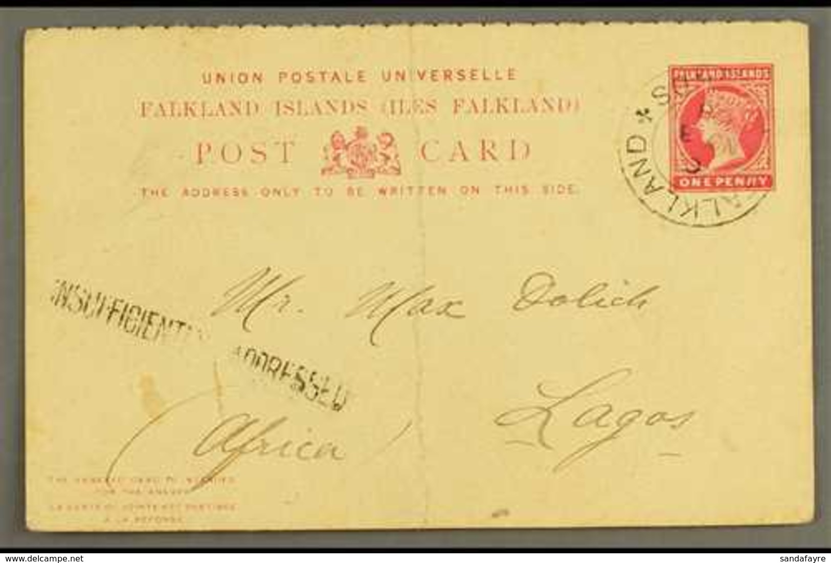 LAGOS  Outward Portion Of 1d Reply Card Sent From The Falkland Is To Lagos (Africa) And Drawing An "Insufficiently Addre - Nigeria (...-1960)