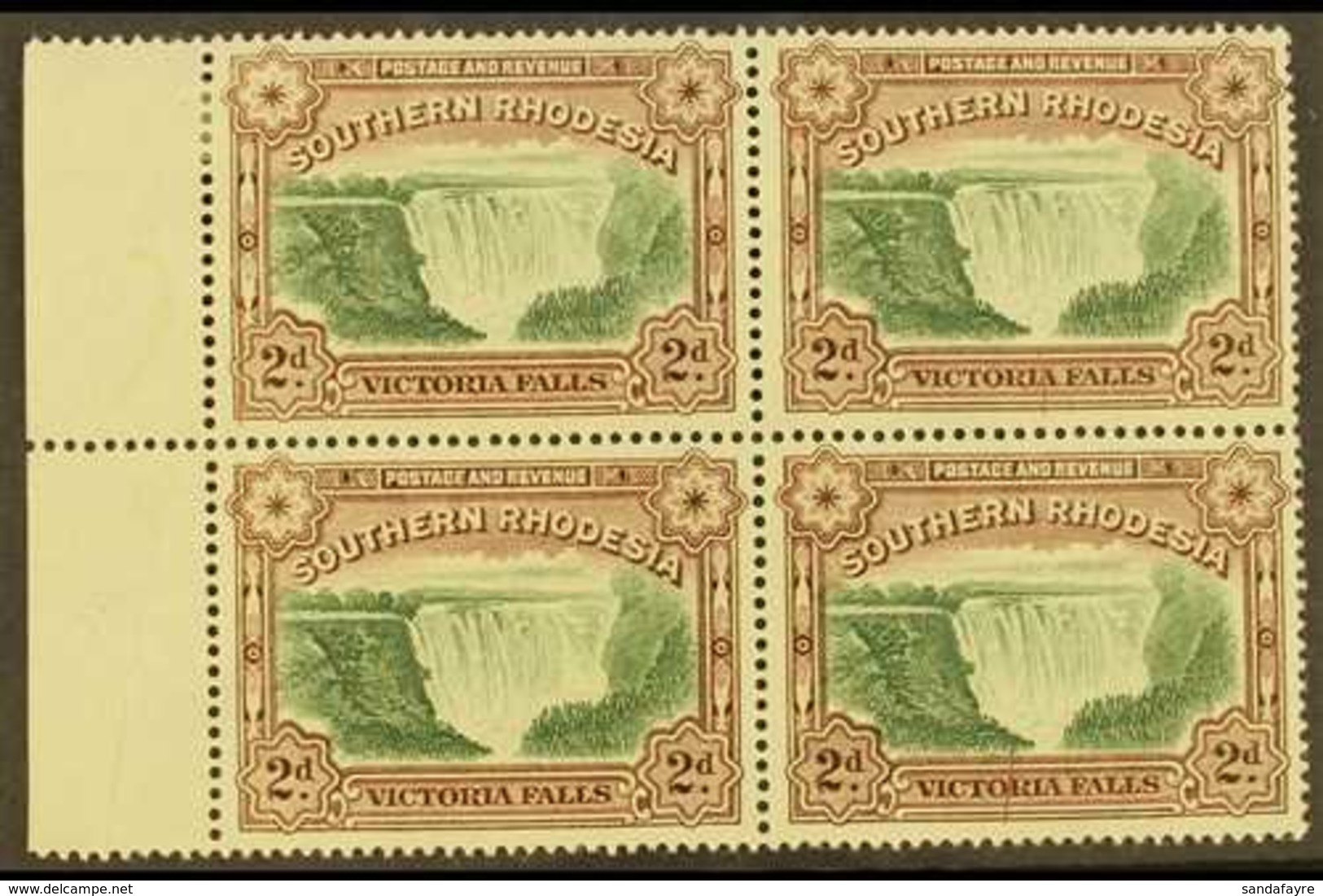 1935-41  2d Green & Chocolate, Perf.14 Victoria Falls, Block Of Four With Pre-printing Paper Creases Leaving Brown Lines - Rodesia Del Sur (...-1964)