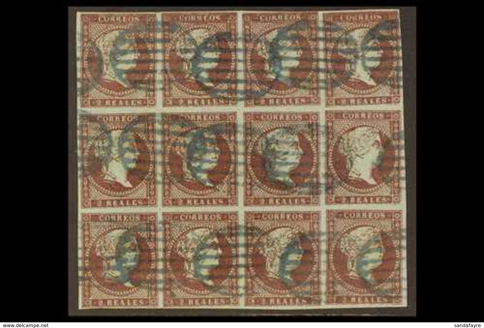 1855  2r Dull Purple On Bluish Watermarked Paper, SG 49 (Edifil 42), Used BLOCK OF TWELVE With 4 Margins And Neat Blue O - Andere & Zonder Classificatie