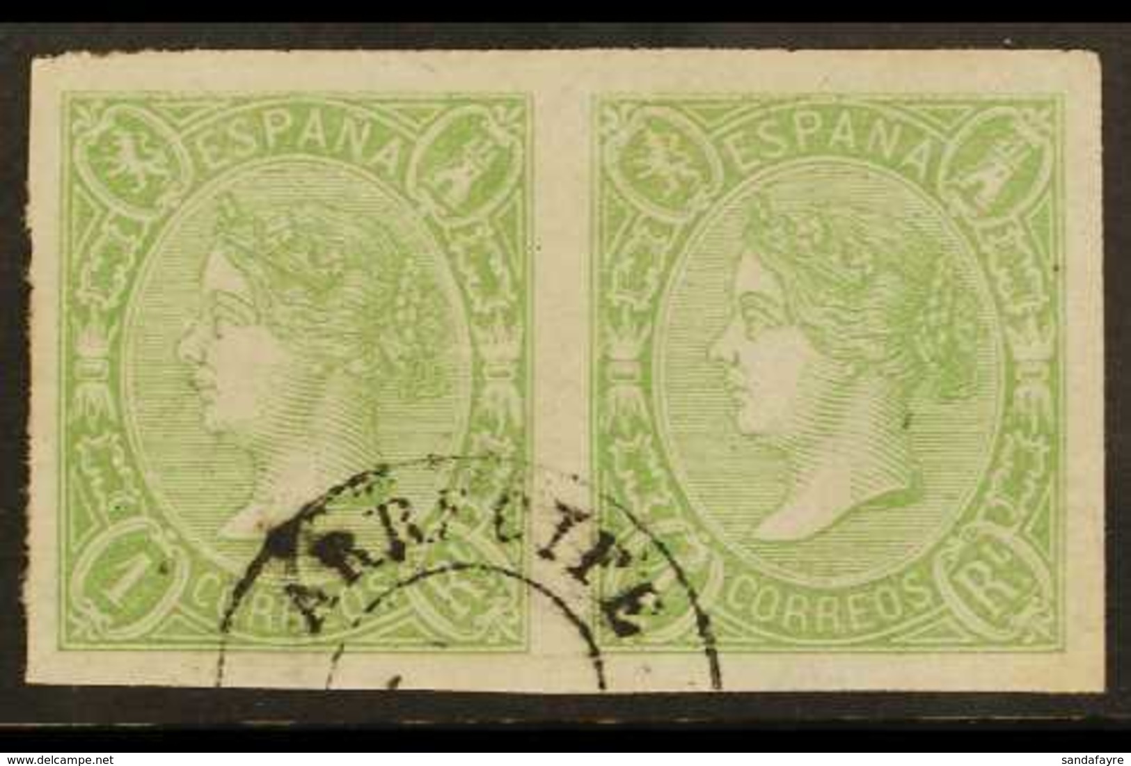 1865  2r Yellow- Green Imperf, SG 84 (Edifil 72) PAIR USED AT THE CANARY IS. With A Single Choice "Arrecife" Cds. A Beau - Andere & Zonder Classificatie