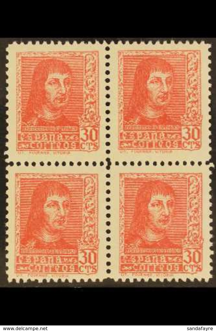 1938  30c Scarlet Ferdinand The Catholic With "Lit. Fournier, Vitoria' Imprint, Edifil 844A, Never Hinged Mint BLOCK OF  - Autres & Non Classés