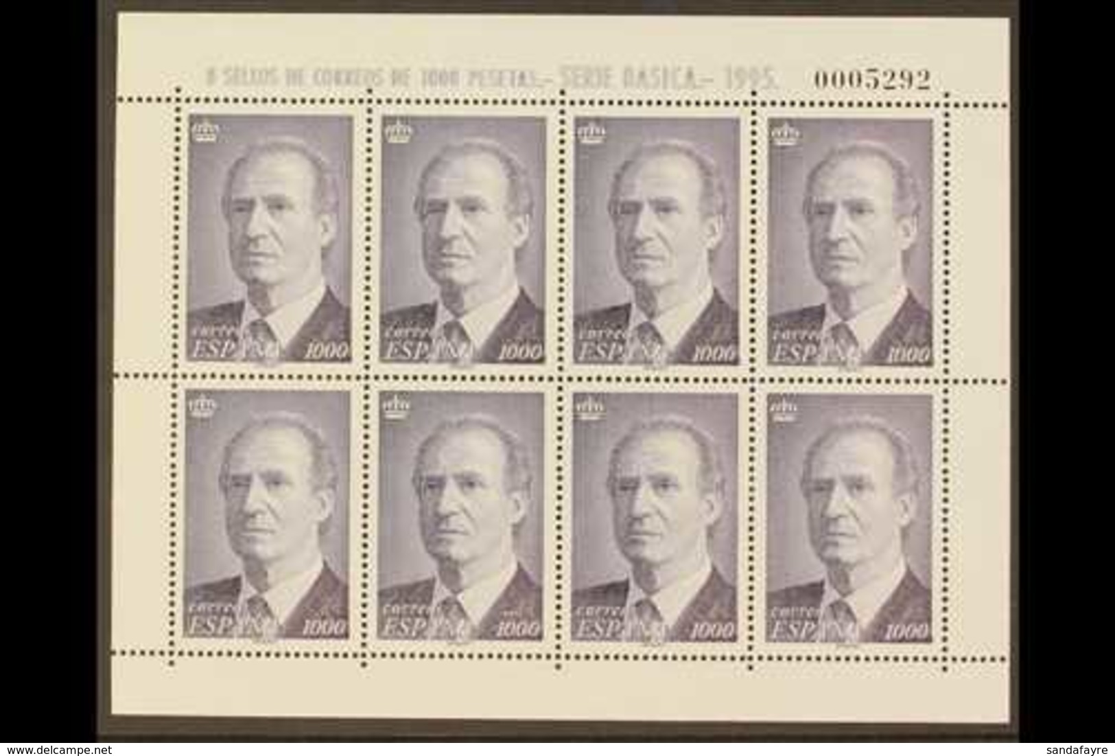 1995  1000p slate Violet Accession Of Juan Carlos I, SG 3361 (Edifil 3403) COMPLETE SHEETLET OF EIGHT Never Hinged Mint. - Autres & Non Classés