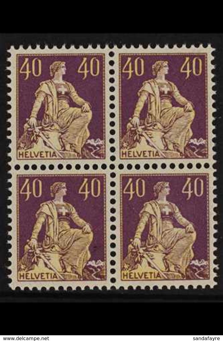 1908  40c Orange Yellow & Purple "Helvetia", Mi 106x, SG 236, BLOCK OF 4, Never Hinged Mint (4 Stamps) For More Images,  - Autres & Non Classés