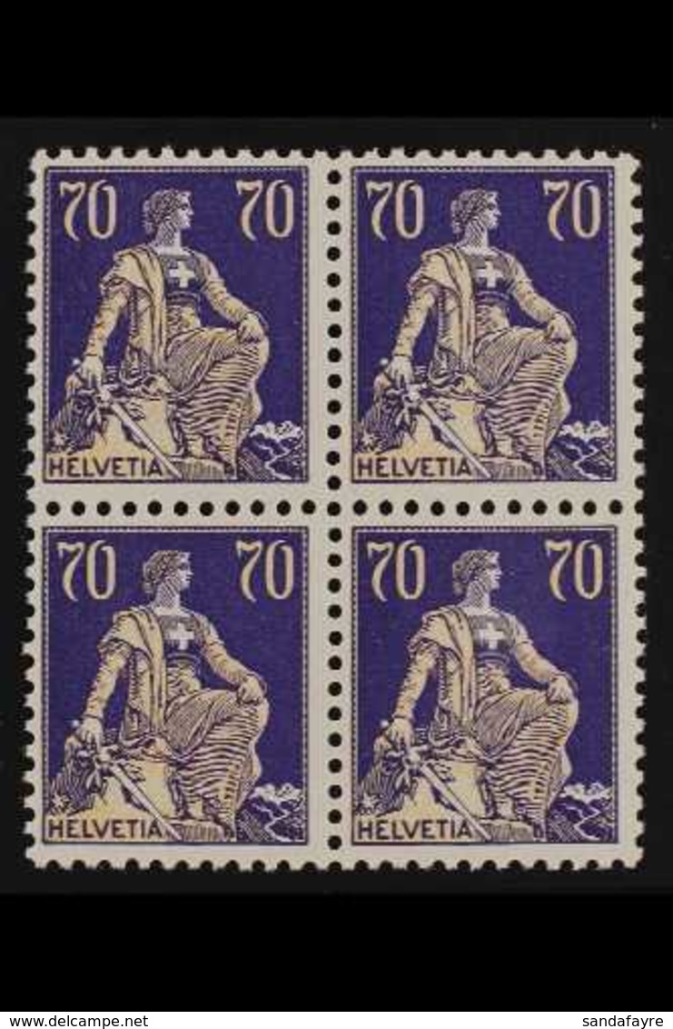 1921-34  70c Buff & Violet "Helvetia", Grilled Gum, Mi 171z, SG 243a,  BLOCK OF 4, Never Hinged Mint (4 Stamps) For More - Andere & Zonder Classificatie