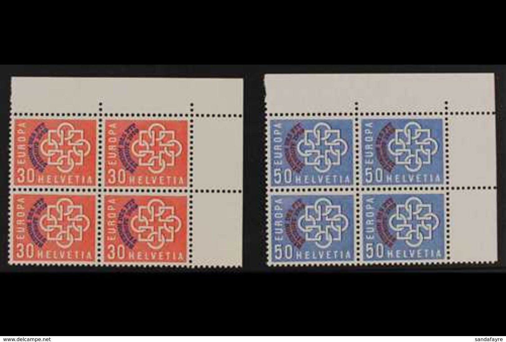 1959 EUROPEAN CONFERENCE  30c Red & 50c Blue, Mi 681/82, SG 608/609, UPPER CORNER BLOCKS OF 4, Never Hinged Mint (8 Stam - Autres & Non Classés