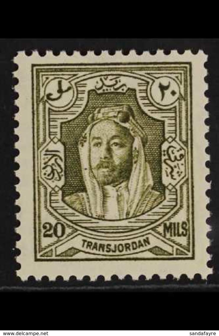 1930-39  20m Olive-green Emir Abdullah Perf 13½x13, SG 201a, Never Hinged Mint, Very Fresh. For More Images, Please Visi - Jordanie