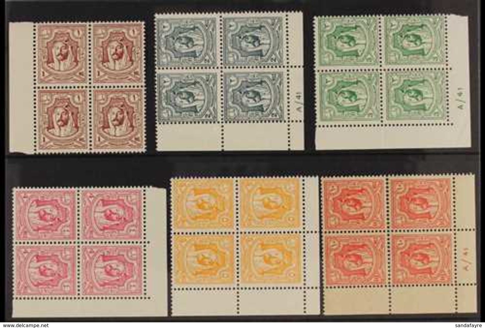 1942  Emir Abdullah Litho Complete Set, SG 222/29, Never Hinged Mint Marginal/corner BLOCKS Of 4 (2m, 3m, 10m & 20m Corn - Jordanie