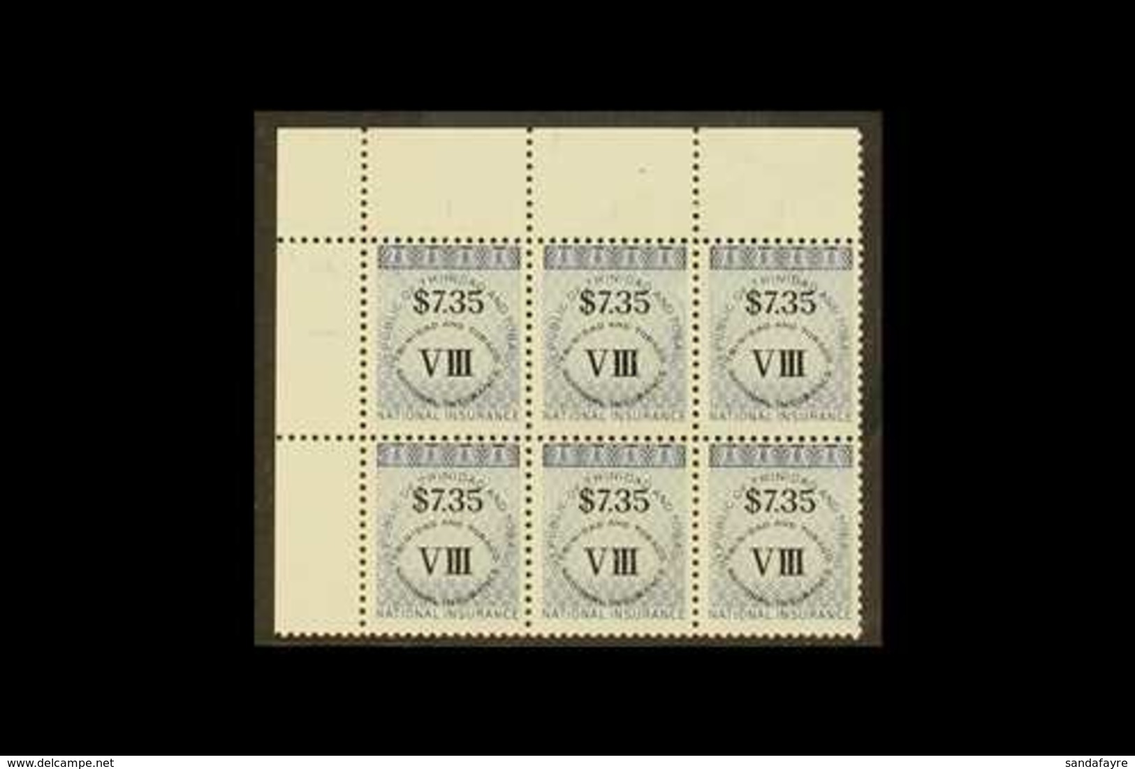 REVENUES  NATIONAL INSURANCE 1990 $7.35 Dark Blue, Class VIII, Corner Marginal Block Of 6, Barefoot 14, Never Hinged Min - Trinité & Tobago (...-1961)