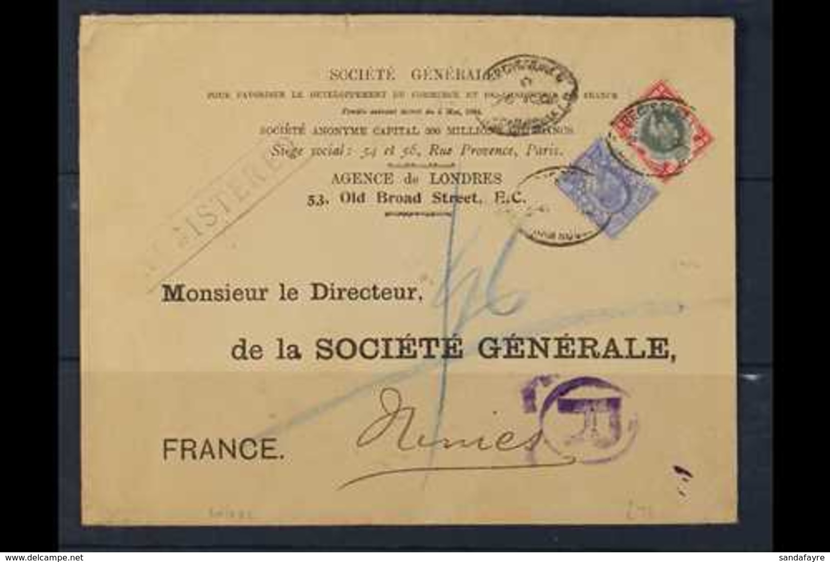 1904  (25 Nov) Registered Printed 'Societe Generale' Envelope Addressed To France, Bearing KEVII 2½d & 1s Stamps Tied By - Autres & Non Classés