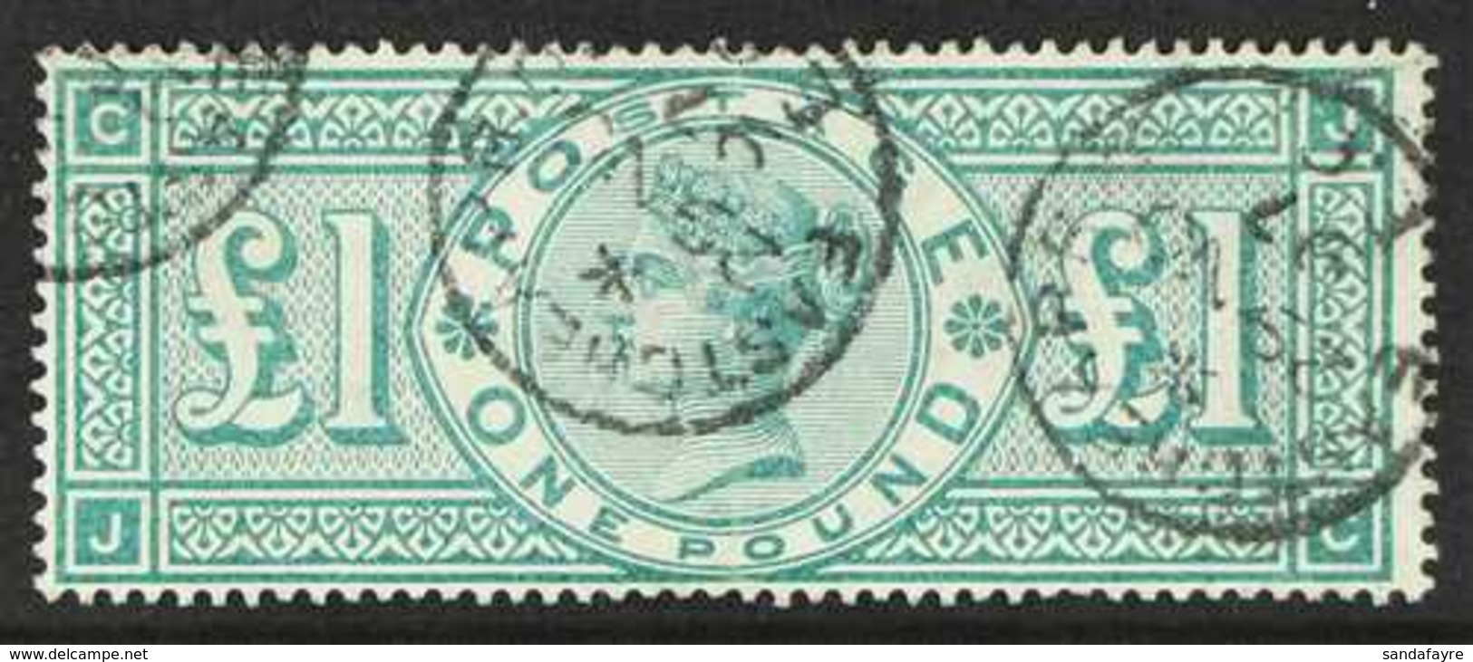 1891  £1 Green, Position "JC" But With Frame Unbroken (plate 3), SG 212, Spec. K17aa, With Neat 1897 East Cheap R.O. Cds - Other & Unclassified