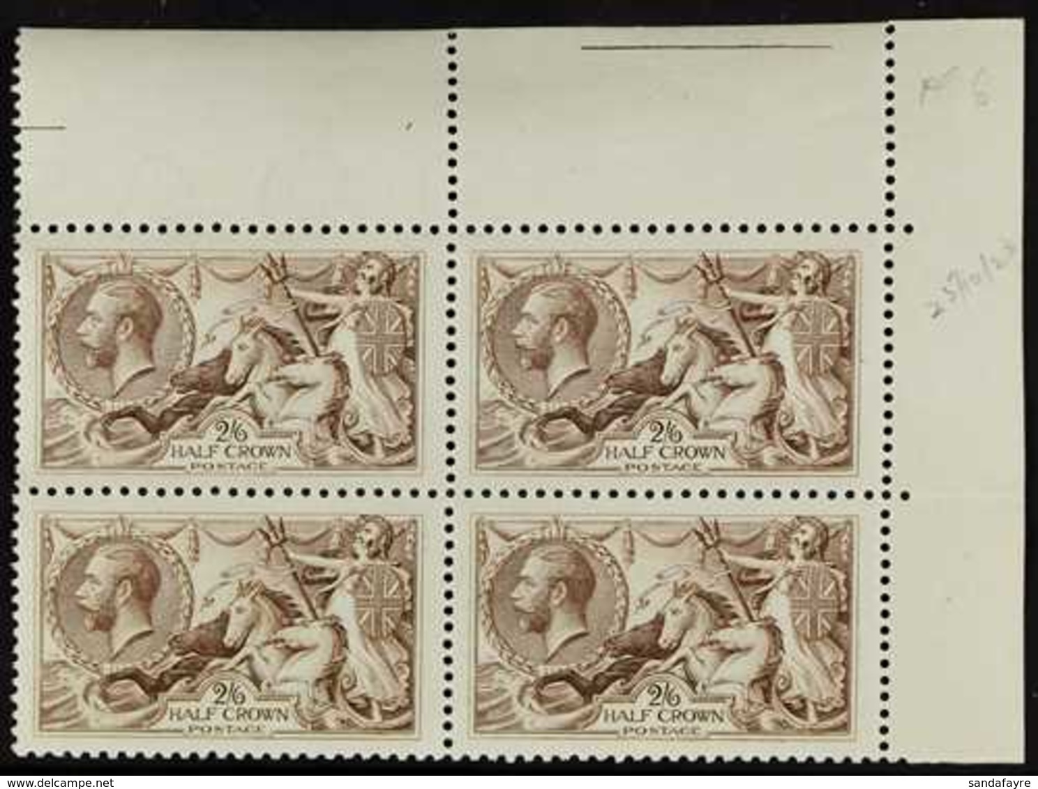 1918-19  2s6d Pale Brown Bradbury Seahorse, SG 415a, Superb Never Hinged Mint BLOCK OF FOUR From The Top-right Corner Of - Non Classés