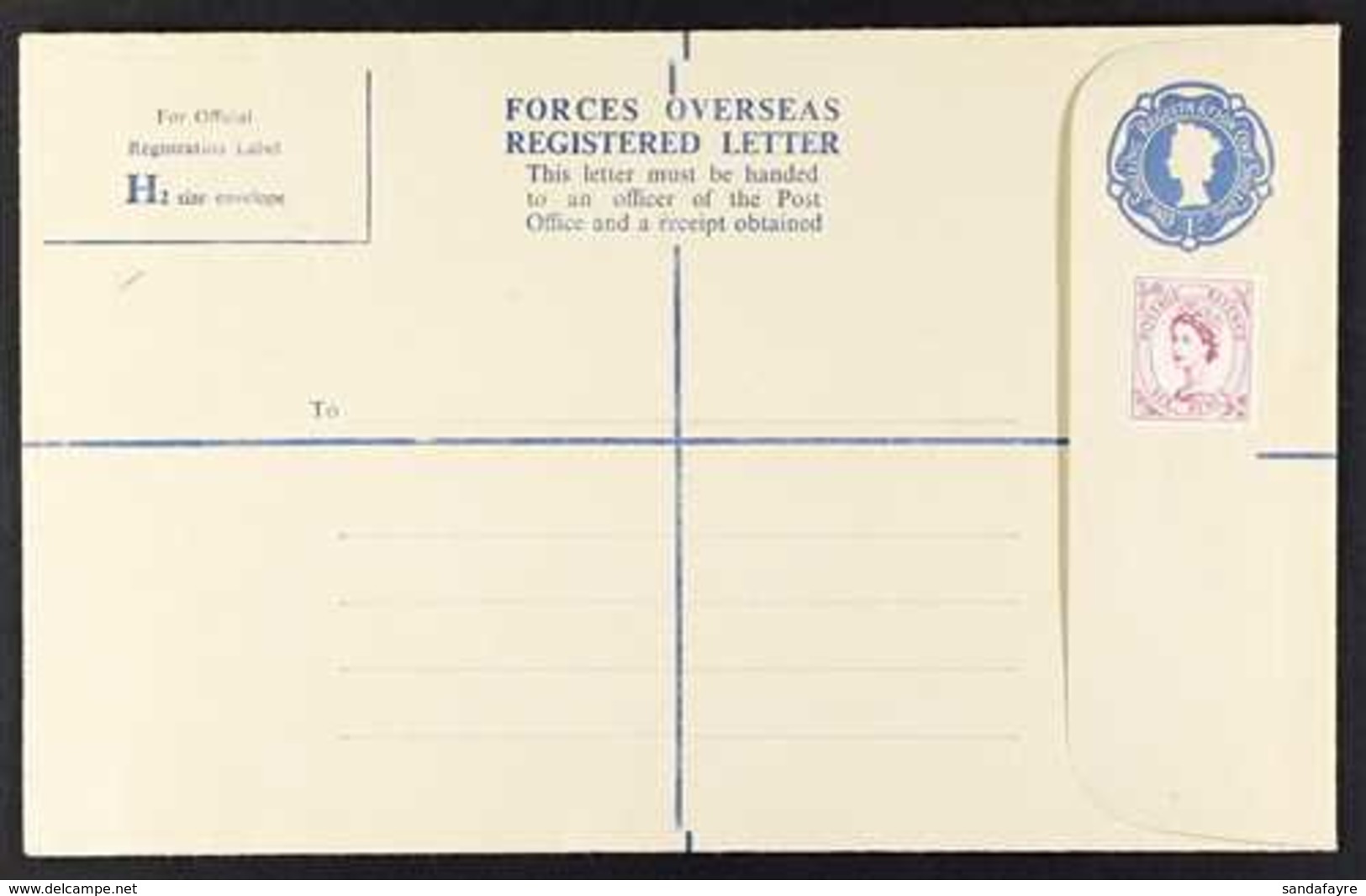 POSTAL STATIONERY  1959 1s Blue FORCES OVERSEAS Registered Letter Size H2, H&G RPF 10, Uprated With 6d Stamp, Very Fine  - Andere & Zonder Classificatie