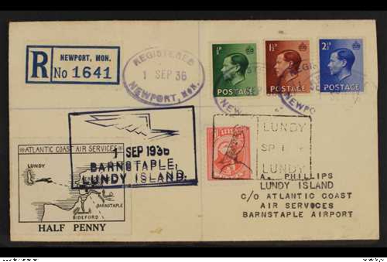 LUNDY ISLAND  1936 (1 Sep) Registered Cover Bearing Lundy ½p Atlantic Coast Air Services ½d Local Stamps Tied By "Lundy" - Autres & Non Classés