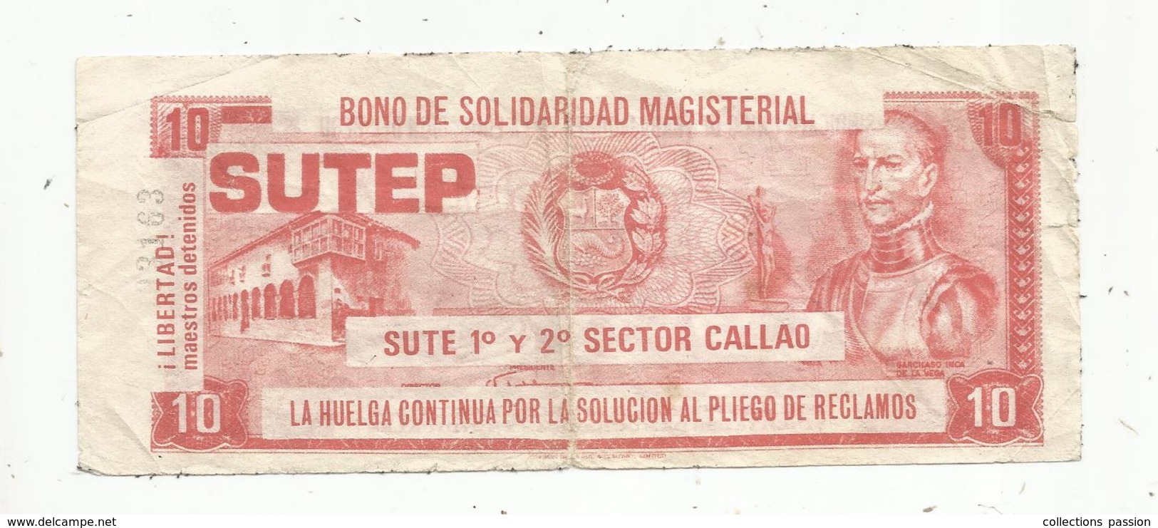 JC , Billet , Fictif , BONO DE SOLIDARIDAD MAGISTERIAL , PERU , SUDEP (syndicat),10, 2 Scans - Fictifs & Spécimens