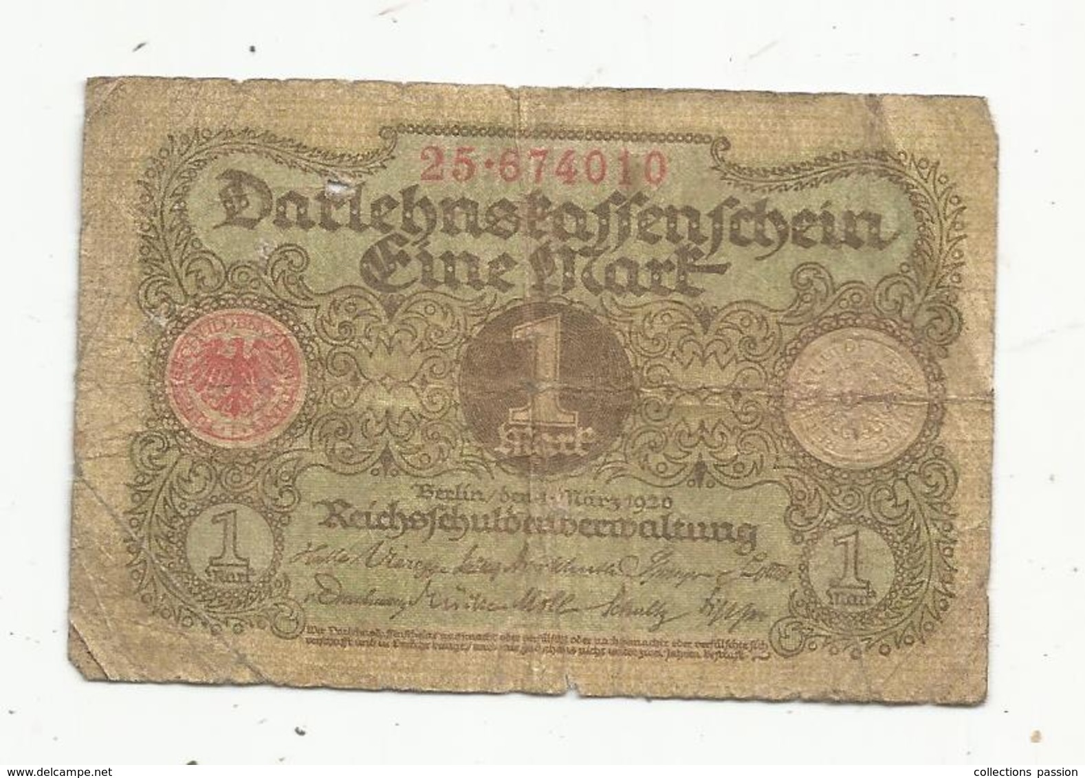 JC , Billet , ALLEMAGNE ,1920 ,Berlin,1 ,eine Mark , 2 Scans - Sin Clasificación