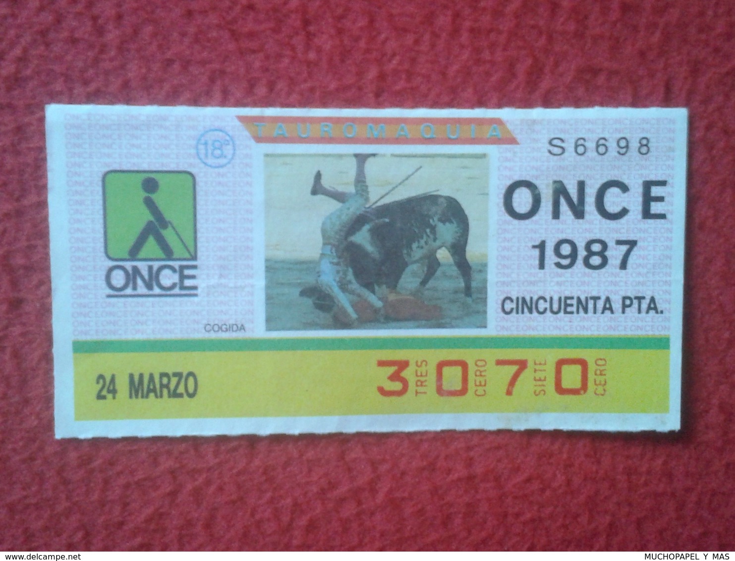 CUPÓN DE ONCE SPANISH LOTTERY CIEGOS SPAIN LOTERÍA ESPAÑA BLIND 1987 TOROS BULLFIGHTING CORRIDA TORERO COGIDA RUEDO TORO - Billetes De Lotería