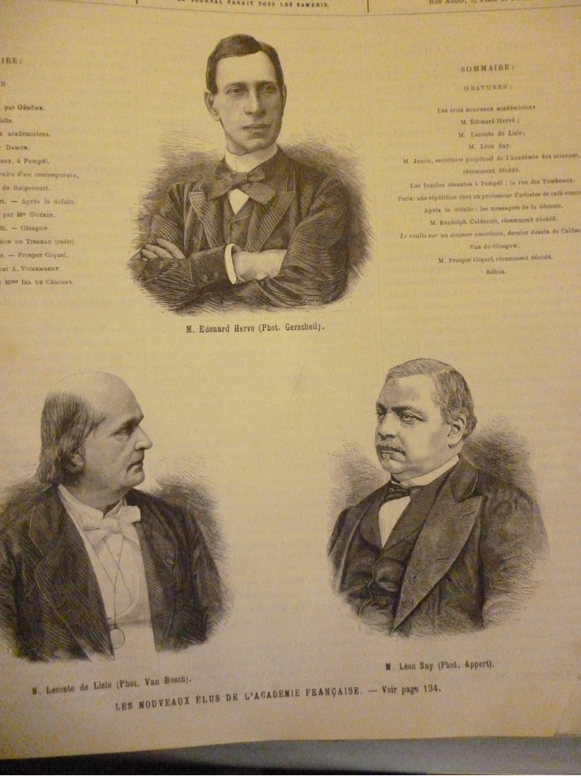 Les Nouveaux élus De L'Académie Française , Edouard Her(vé , Lecomte De Lisle , Léon Say , Gravure  De 1886 - Historische Dokumente