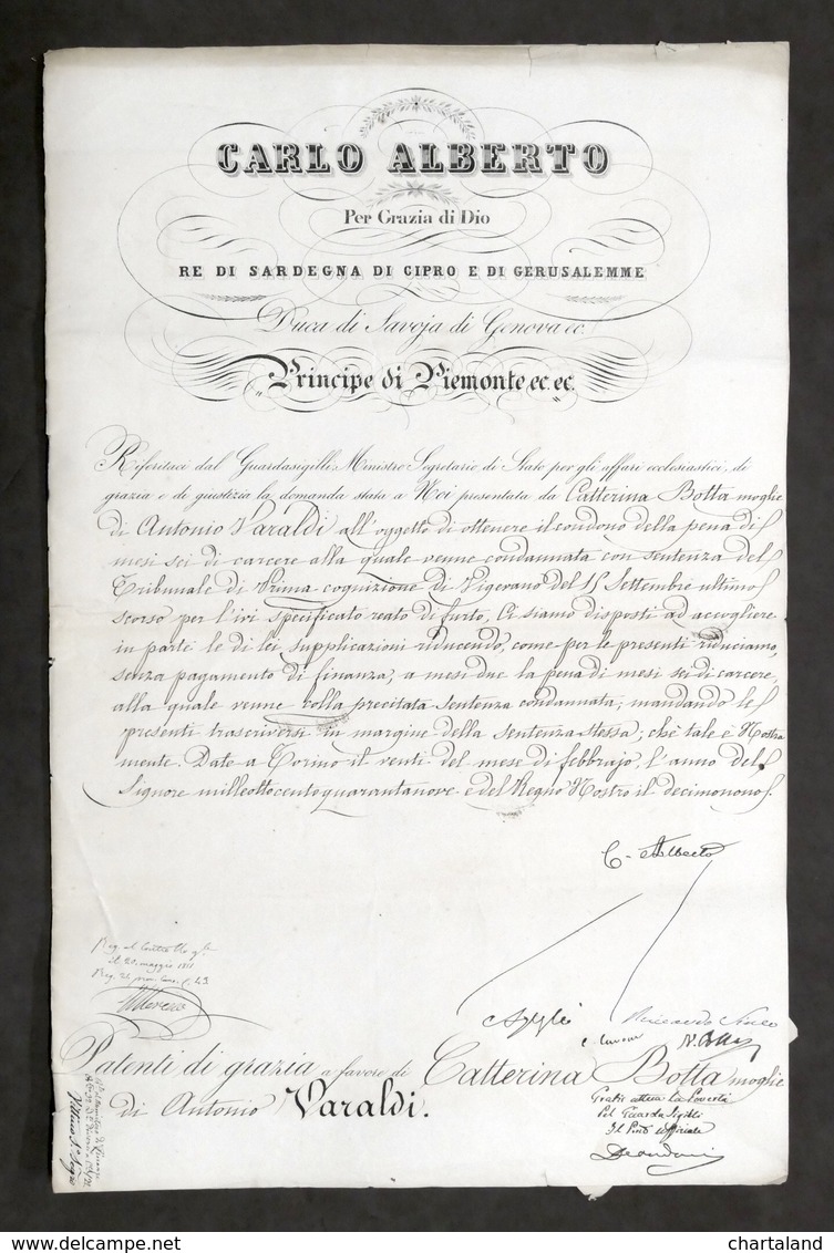 Regno Sardegna Autografo Re Carlo Alberto E Conte Cavour Patente Di Grazia 1849 - Altri & Non Classificati