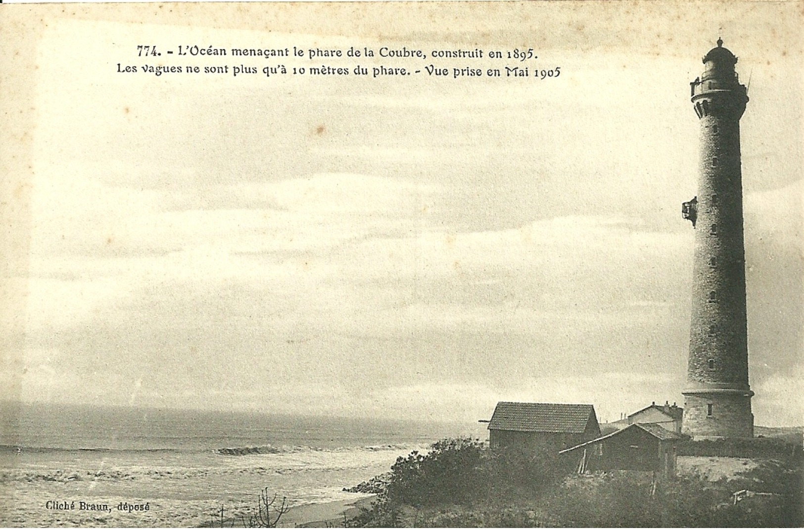 L' Océan Menaçant Le Phare De La Coubre - Vue Prise En Mai 1905  - Cliché Braun N° 774 - Autres & Non Classés