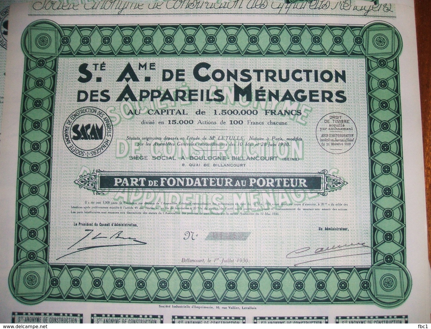 Billancourt - Lot De 25 Parts De Fondateur  SACAM Société Anonyme De Construction Des Appareils Ménagers 1930 - S - V