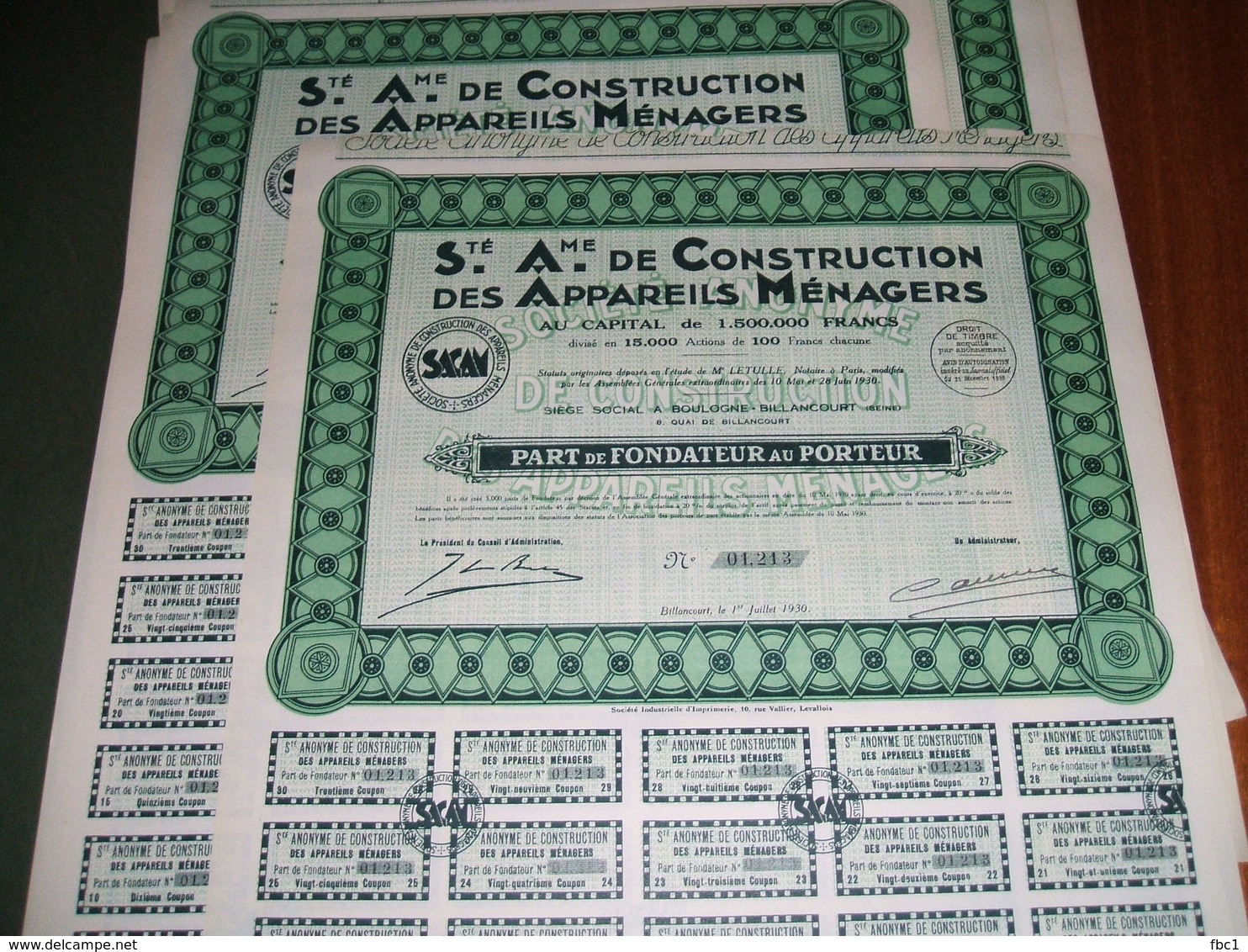 Billancourt - Lot De 25 Parts De Fondateur  SACAM Société Anonyme De Construction Des Appareils Ménagers 1930 - S - V