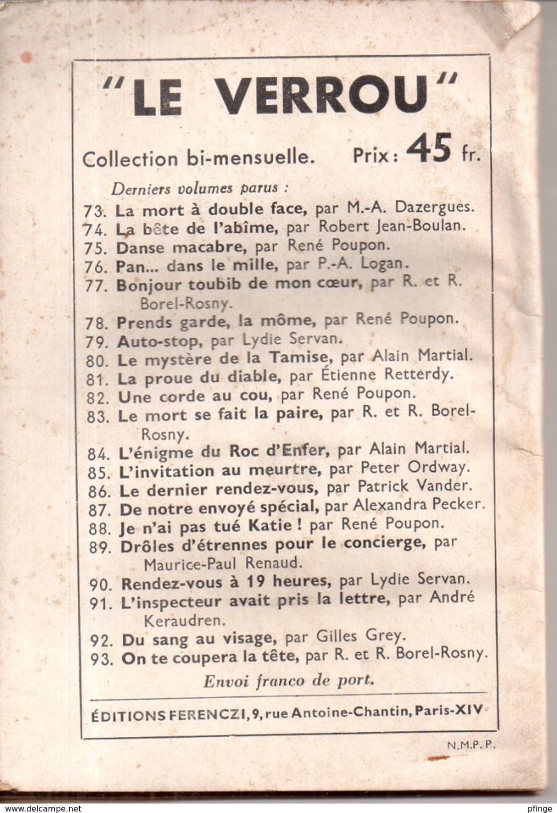 On Te Coupera La Tête Par R Et R Borel-Rosny - Le Verrou N°93 (illustration : Ronceray ) - Ferenczi