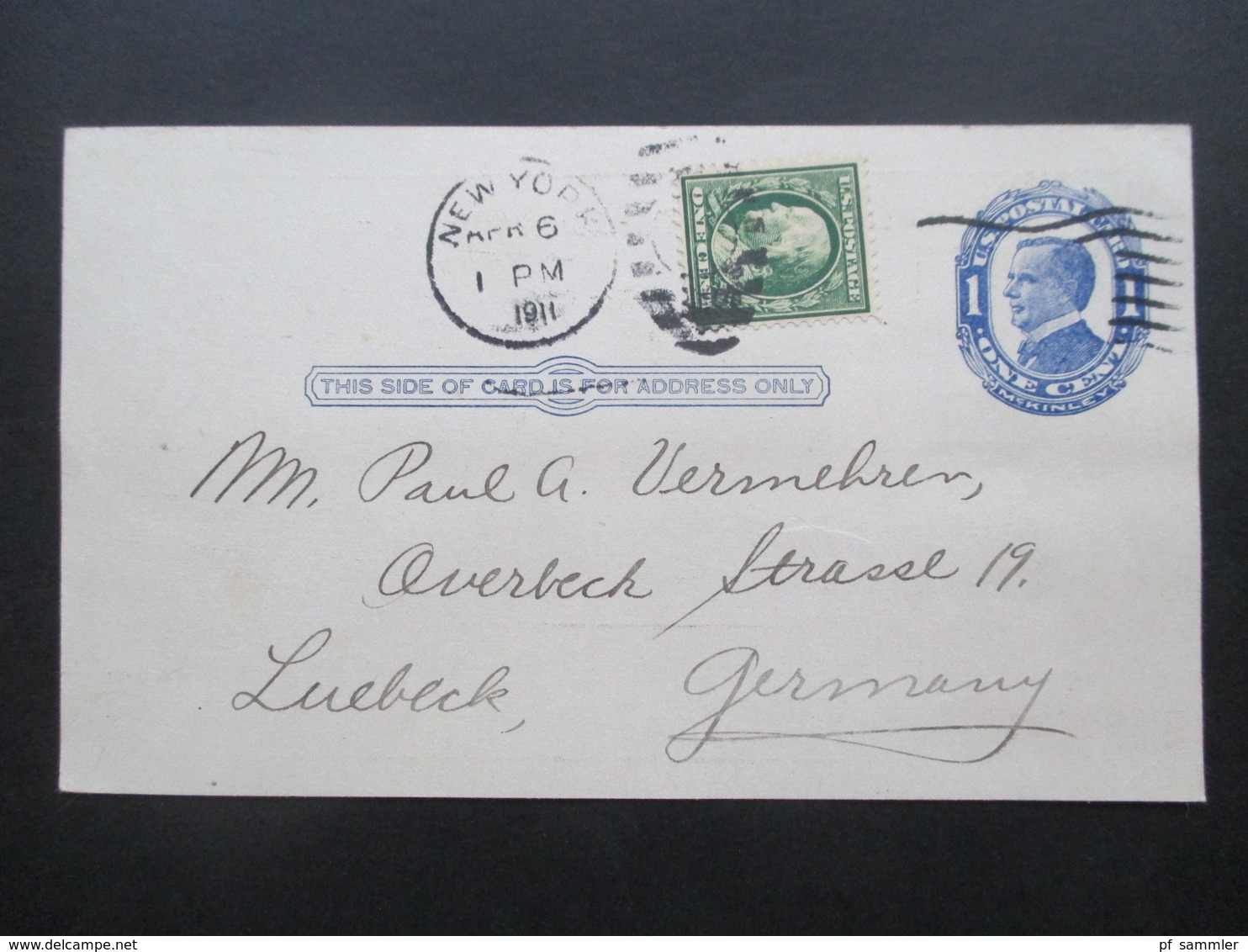 USA 1911 Ganzsache Mit Zusatzfrankatur NY - Lübeck Bedruckte Karte New Yorker Staats-Zeitung Quittung über 5 Dollar - Storia Postale