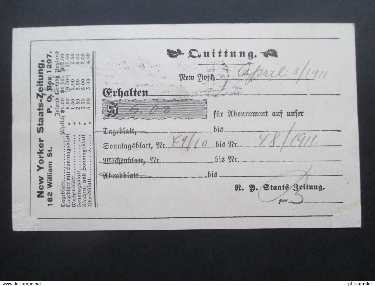 USA 1911 Ganzsache Mit Zusatzfrankatur NY - Lübeck Bedruckte Karte New Yorker Staats-Zeitung Quittung über 5 Dollar - Brieven En Documenten