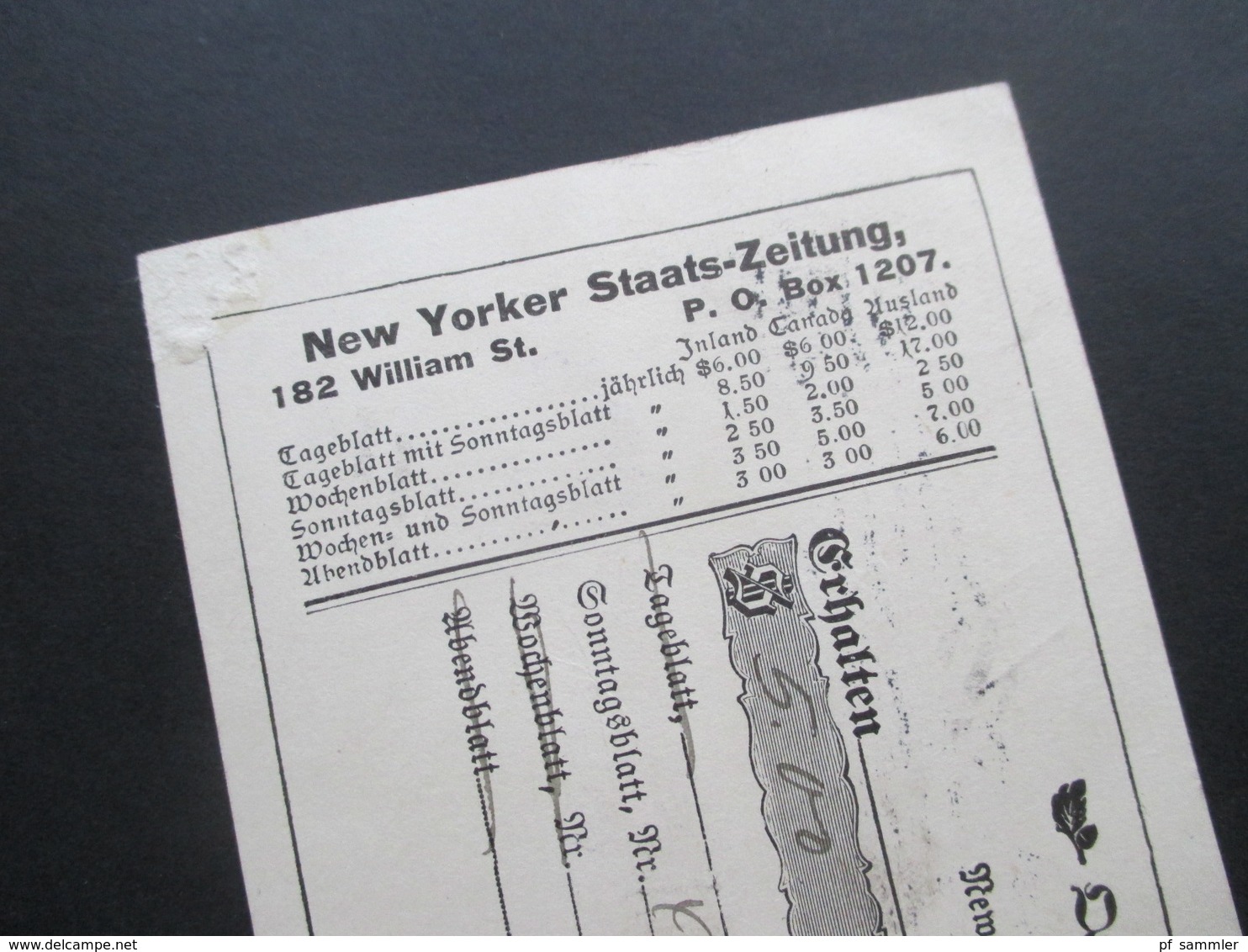 USA 1911 Ganzsache Mit Zusatzfrankatur NY - Lübeck Bedruckte Karte New Yorker Staats-Zeitung Quittung über 5 Dollar - Cartas & Documentos
