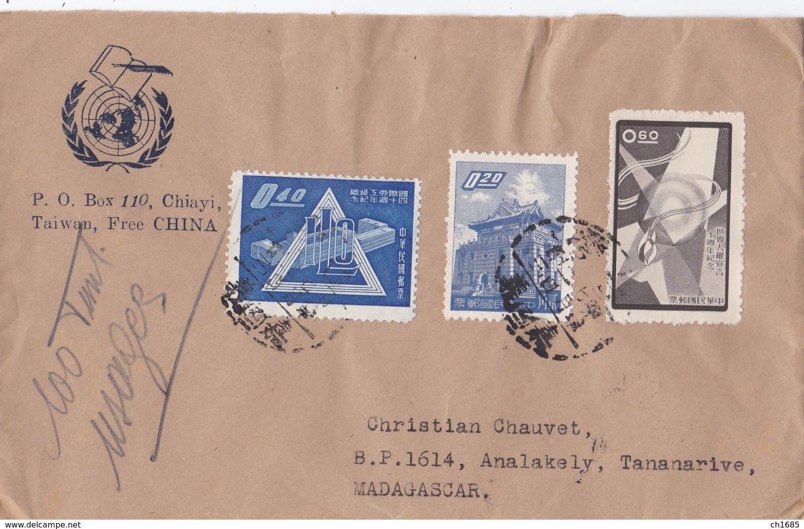 TAIWAN  FORMOSE  :  Lettre De Taiwan Pour Madagascar 1959 - Briefe U. Dokumente