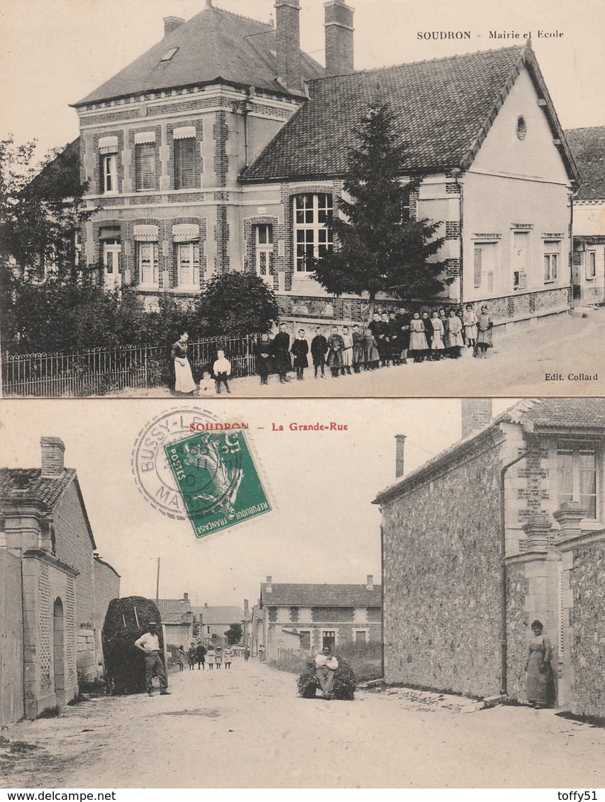 2 CPA:SOUDRON (51) ENFANTS ÉCOLE ET MAIRIE,LA GRANDE RUE..ÉCRITES - Otros & Sin Clasificación