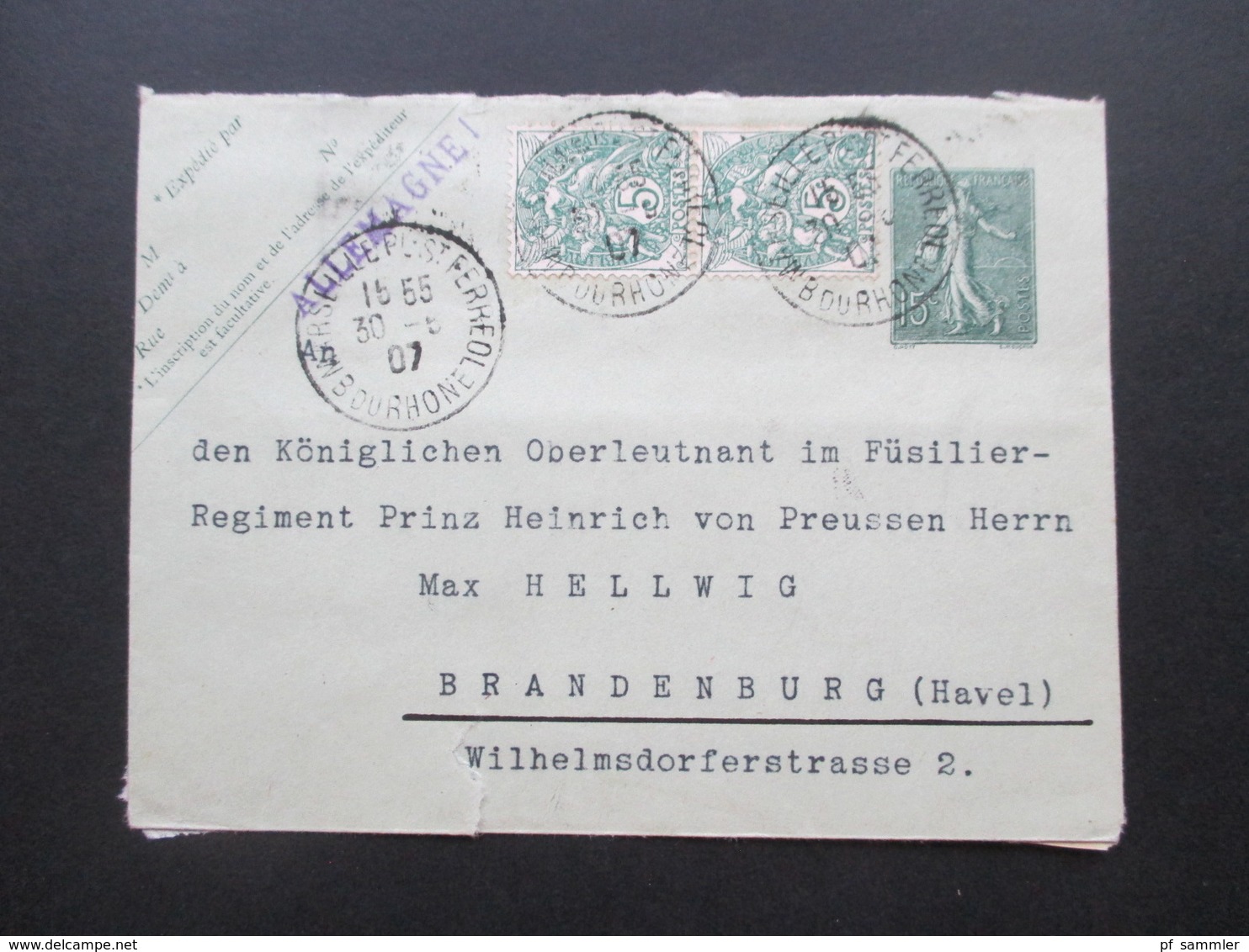 Frankreich 1907 GA Umschlag 2 Zusatzfrankaturen An: Königl. Oberleutnant Im Füssilier Reg. Prinz Heinrich Von Preussen - Lettres & Documents