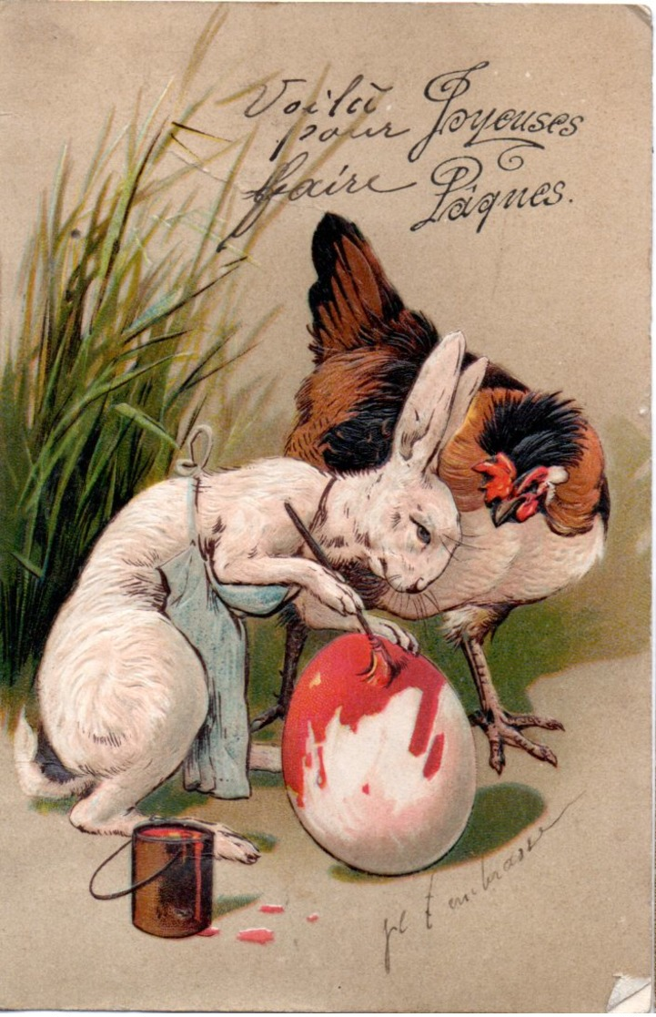 CPA  -  Embossée Ou Gaufrée  - Joyeuses Paques  Poule Et Lapin     -   écrite - - Pâques