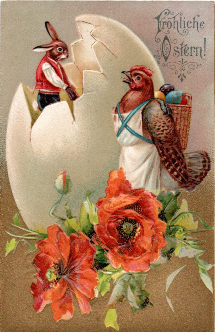 CPA  -  Embossée Ou Gaufrée  -   Frohliche Ostern  Poule Et Lapin     -   Neuve   - - Easter