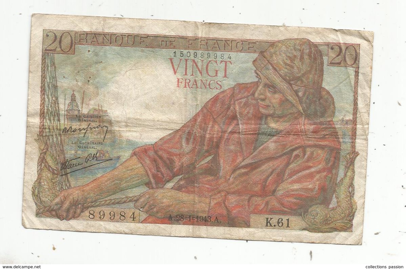 JC , Billet , FRANCE , 20 Francs Pêcheur , 28 1 1943, 2 Scans - 20 F 1942-1950 ''Pêcheur''