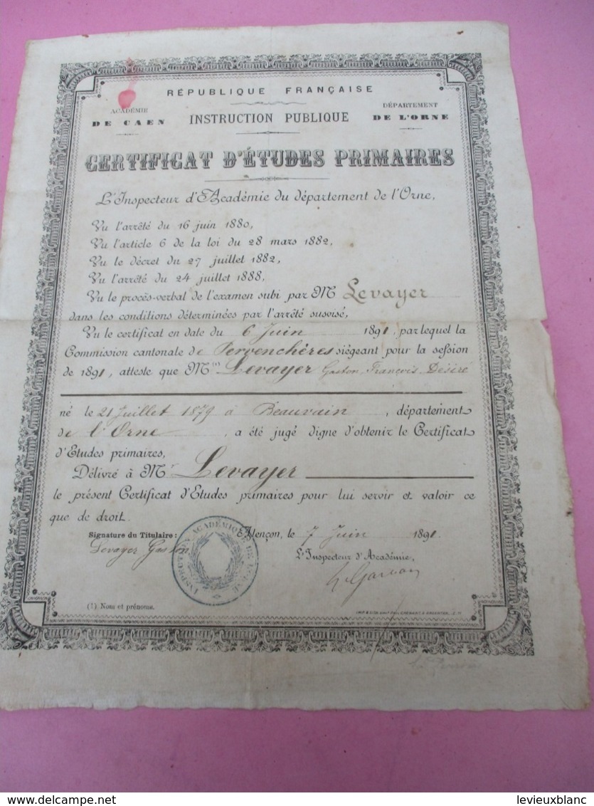 Diplome/CEP/ RF/Instr. Publique/Acad. De CAEN/ Dépt De L'ORNE/Levayer/Alençon/DAMBRICOURT Fréres/Wizernes/1891    DIP217 - Diploma & School Reports