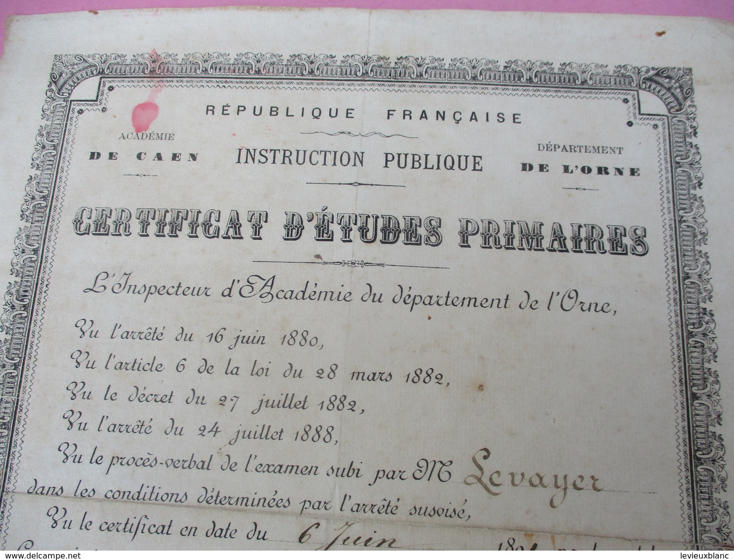 Diplome/CEP/ RF/Instr. Publique/Acad. De CAEN/ Dépt De L'ORNE/Levayer/Alençon/DAMBRICOURT Fréres/Wizernes/1891    DIP217 - Diplomas Y Calificaciones Escolares
